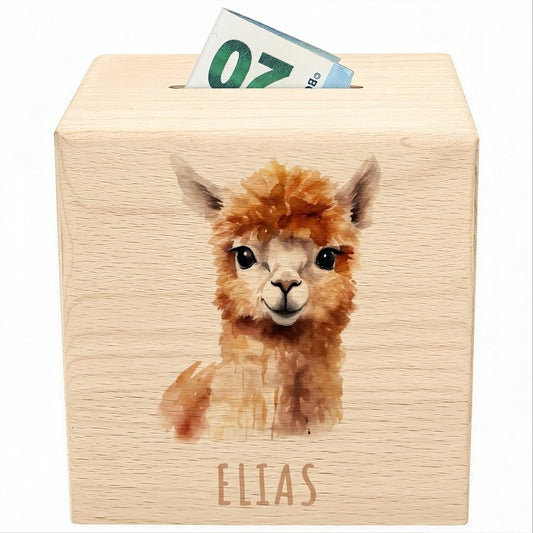Alpaka Spardose für Kinder personalisiert Sparbox aus Holz Sparschwein mit Schlüssel Taufgeschenk für Jungen und Mädchen