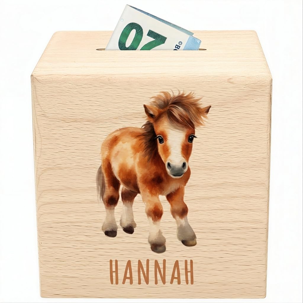 Pferde Spardose für Kinder personalisiert Sparbox aus Holz Sparschwein mit Schlüssel Taufgeschenk für Jungen und Mädchen