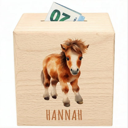 Pferde Spardose für Kinder personalisiert Sparbox aus Holz Sparschwein mit Schlüssel Taufgeschenk für Jungen und Mädchen