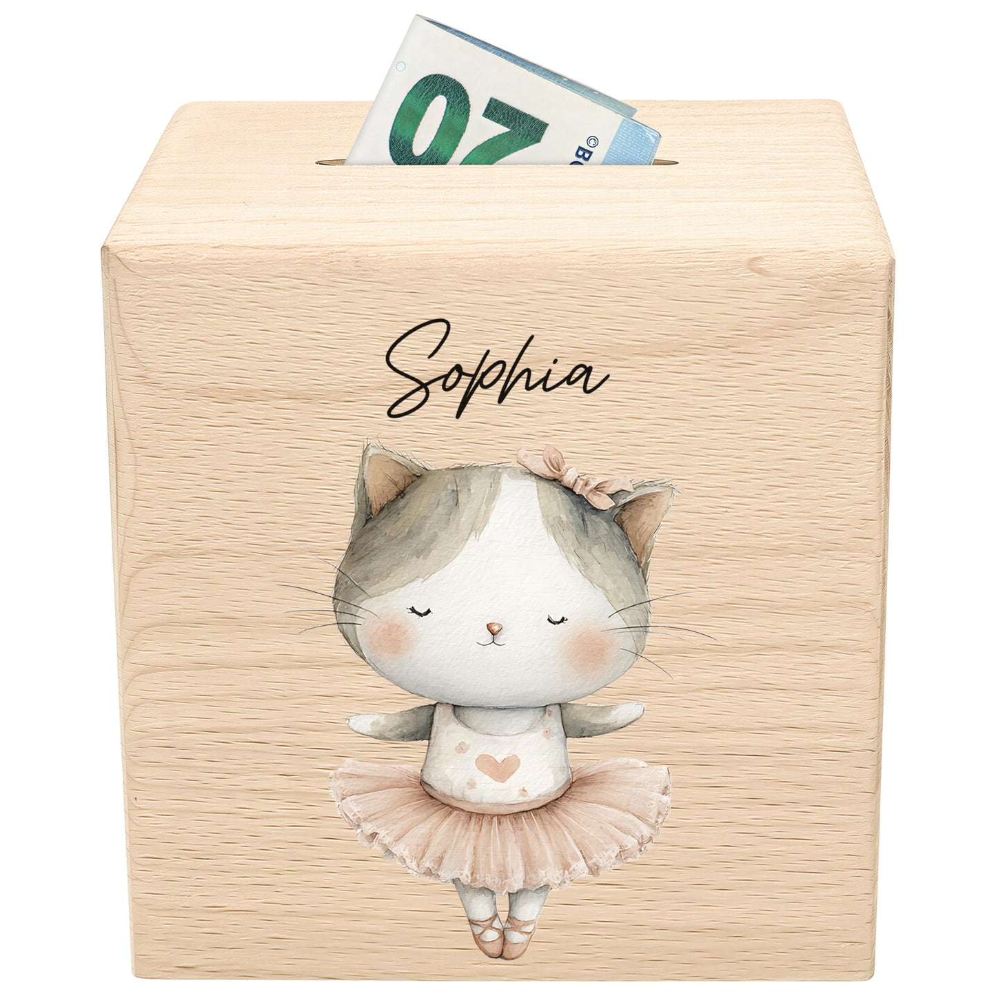 Spardose für Mädchen personalisierte Sparbox aus Holz mit Katze Geldgeschenk für Kinder