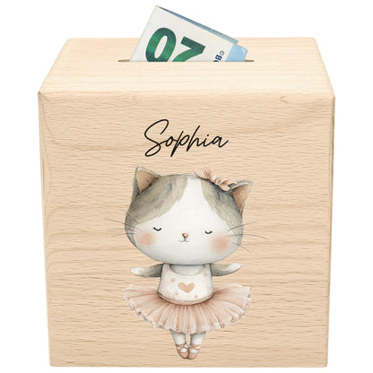 Spardose für Mädchen personalisierte Sparbox aus Holz mit Katze Geldgeschenk für Kinder