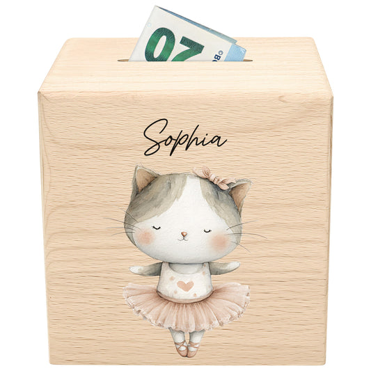 Spardose für Mädchen personalisierte Sparbox aus Holz mit Katze Geldgeschenk für Kinder