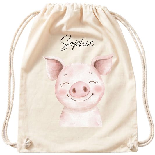 Schwein Turnbeutel Kinder personalisierter Sportbeutel für Kindergarten & Kita Stoffbeutel mit Kordelzug