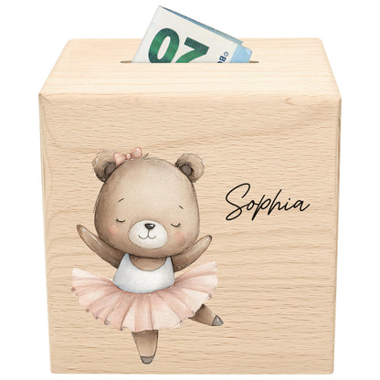 Spardose für Mädchen personalisierte Sparbox aus Holz mit Bär Geldgeschenk für Kinder