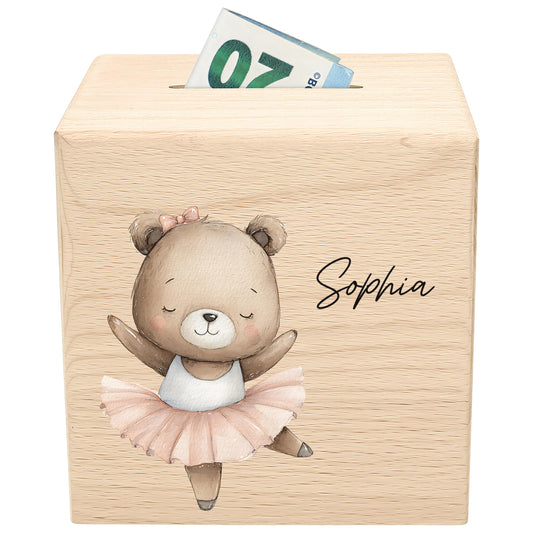 Spardose für Mädchen personalisierte Sparbox aus Holz mit Bär Geldgeschenk für Kinder