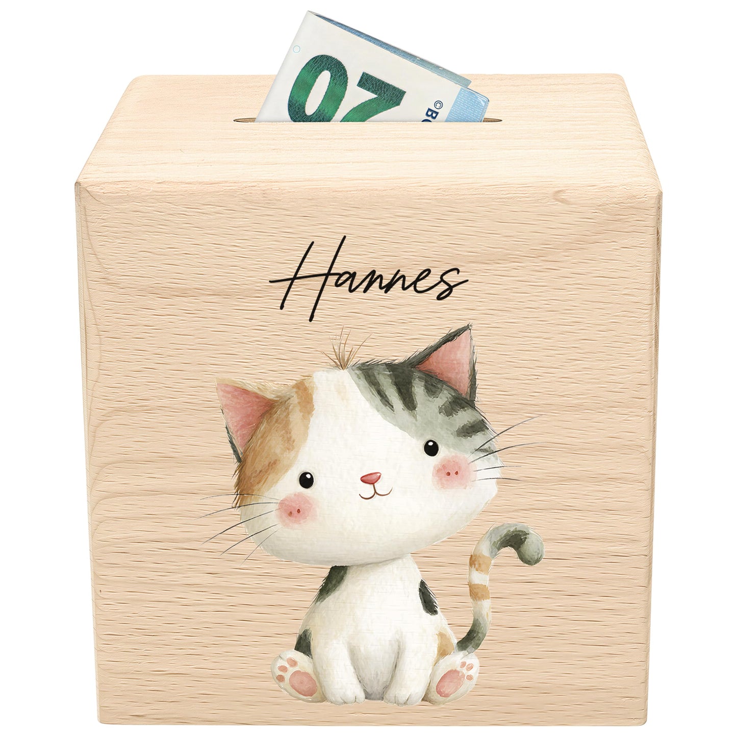 Katze Spardose für Kinder aus Holz personalisierte Sparbox Holzspardose mit Schlüssel als Geldgeschenk