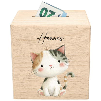 Katze Spardose für Kinder aus Holz personalisierte Sparbox Holzspardose mit Schlüssel als Geldgeschenk