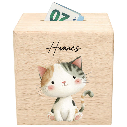 Katze Spardose für Kinder aus Holz personalisierte Sparbox Holzspardose mit Schlüssel als Geldgeschenk