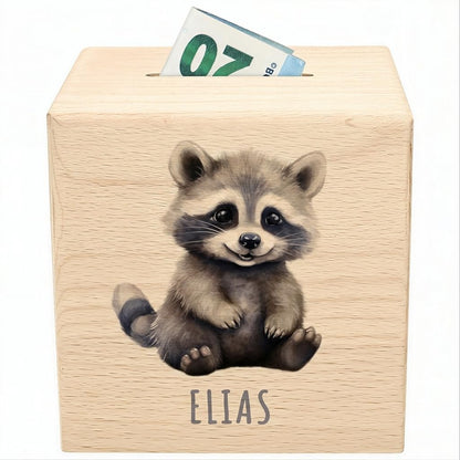 Waschbär Spardose für Kinder personalisiert Sparbox aus Holz Sparschwein mit Schlüssel Taufgeschenk für Jungen und Mädchen