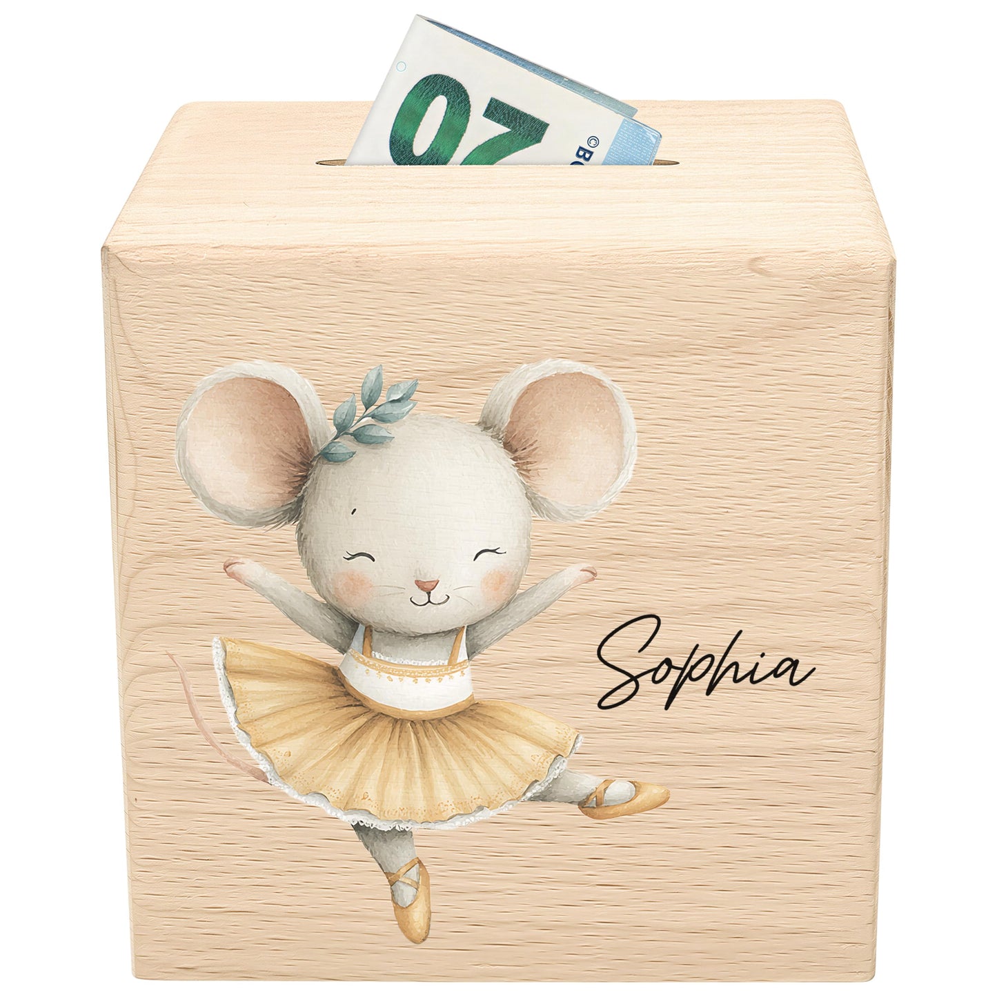 Spardose für Mädchen personalisierte Sparbox aus Holz mit Maus Geldgeschenk für Kinder