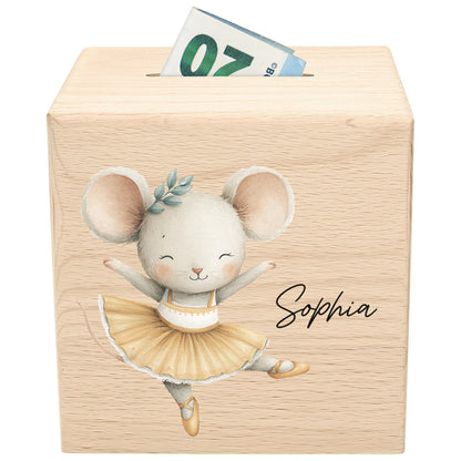 Spardose für Mädchen personalisierte Sparbox aus Holz mit Maus Geldgeschenk für Kinder