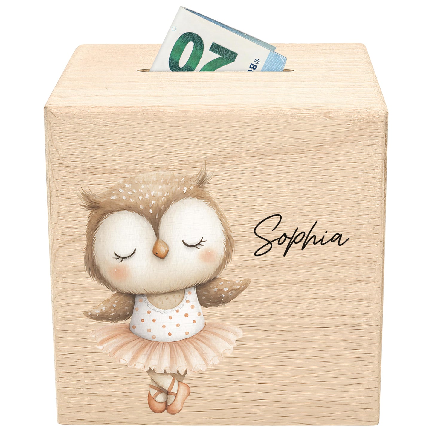 Spardose für Mädchen personalisierte Sparbox aus Holz mit Eule Geldgeschenk für Kinder
