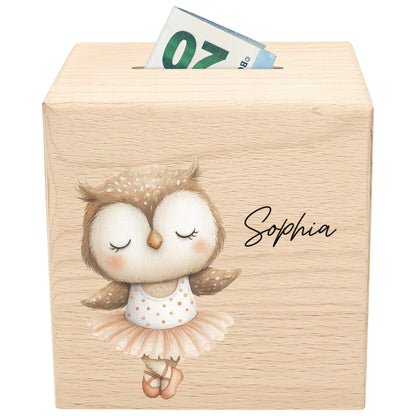 Spardose für Mädchen personalisierte Sparbox aus Holz mit Eule Geldgeschenk für Kinder