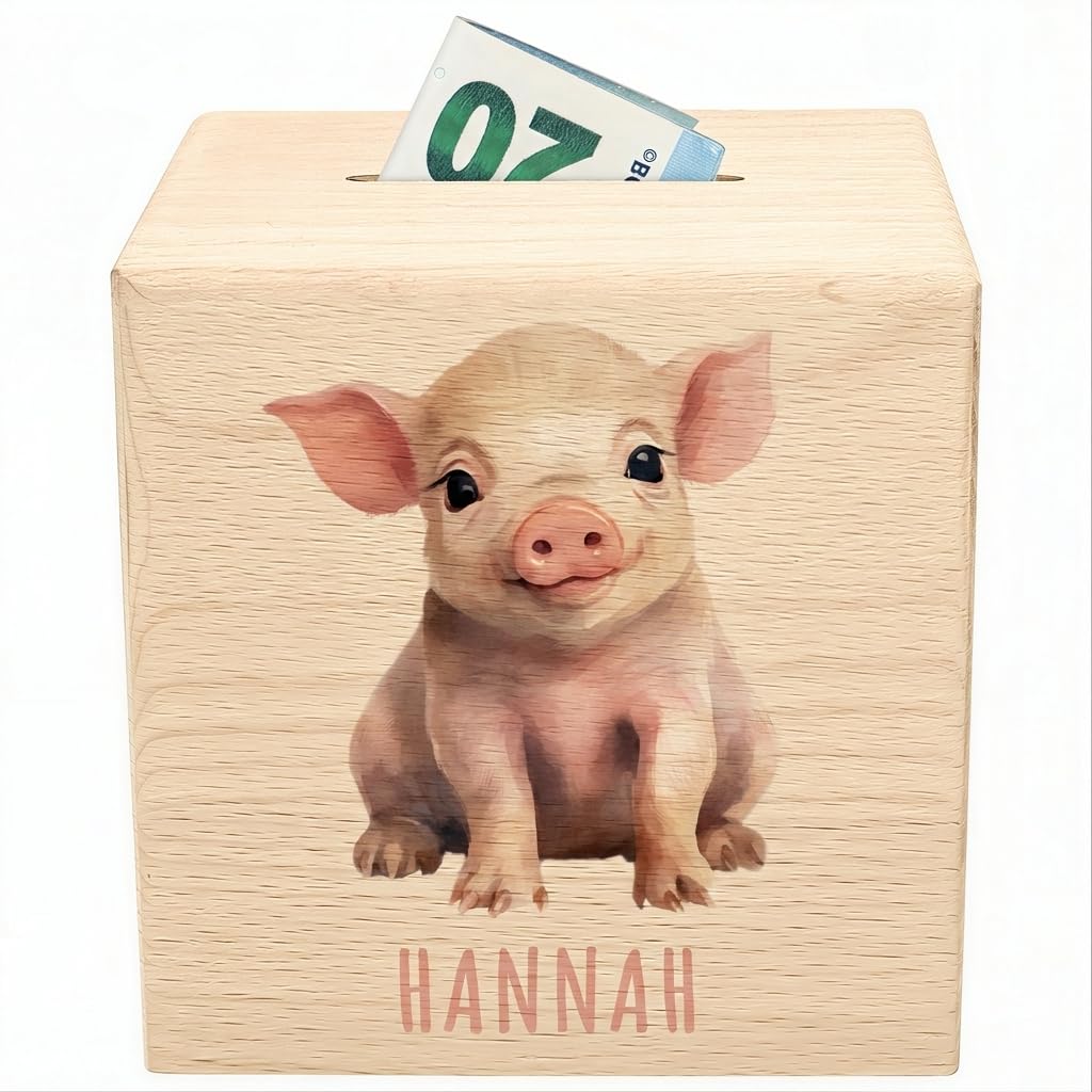 Schwein Spardose für Kinder personalisiert Sparbox aus Holz Sparschwein mit Schlüssel Taufgeschenk für Jungen und Mädchen