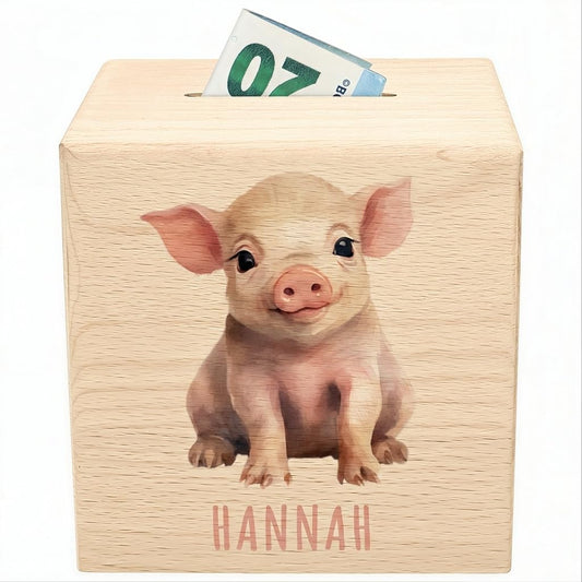 Schwein Spardose für Kinder personalisiert Sparbox aus Holz Sparschwein mit Schlüssel Taufgeschenk für Jungen und Mädchen