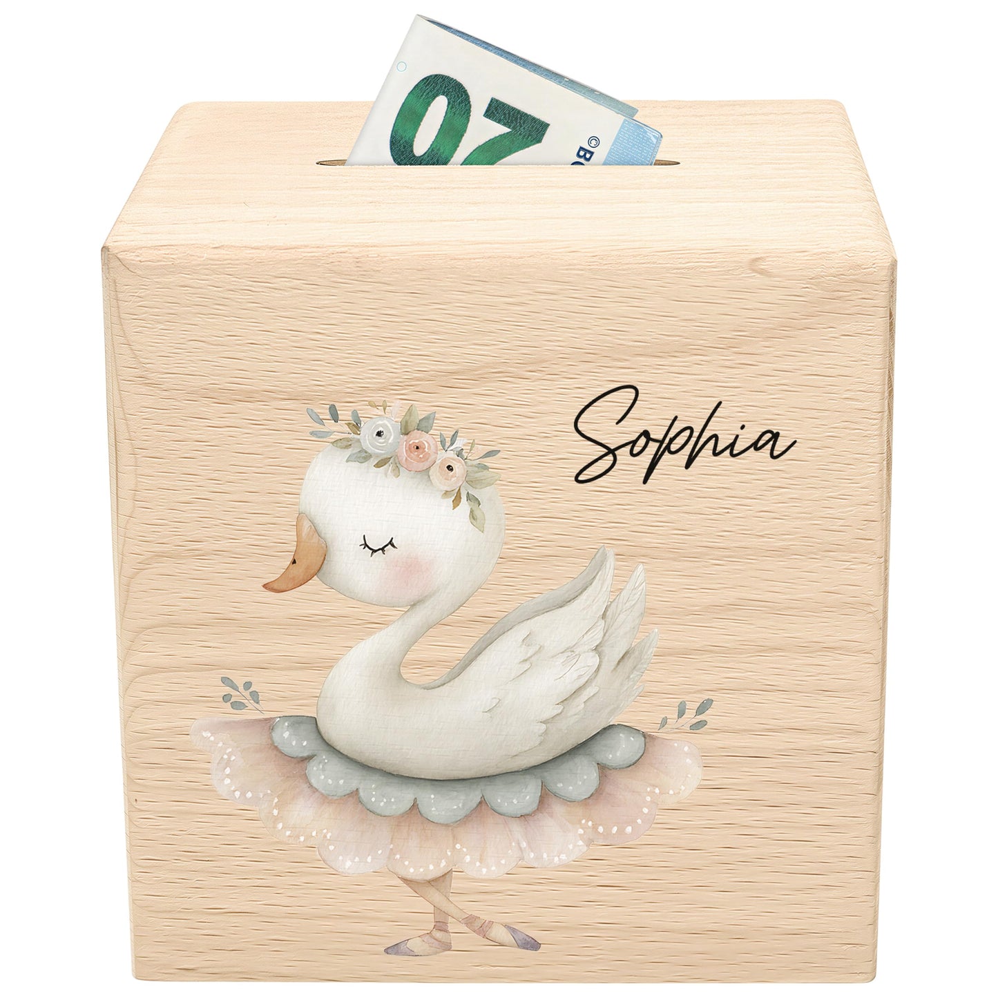 Spardose für Mädchen personalisierte Sparbox aus Holz mit Gans Geldgeschenk für Kinder
