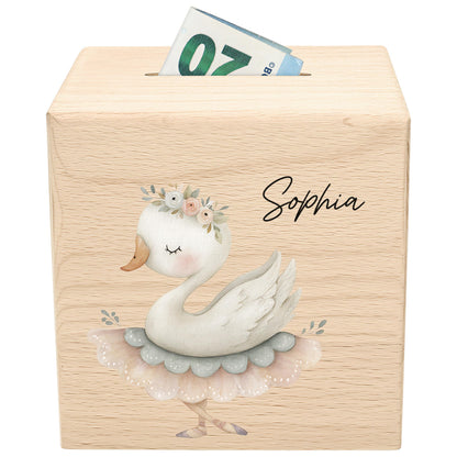 Spardose für Mädchen personalisierte Sparbox aus Holz mit Gans Geldgeschenk für Kinder
