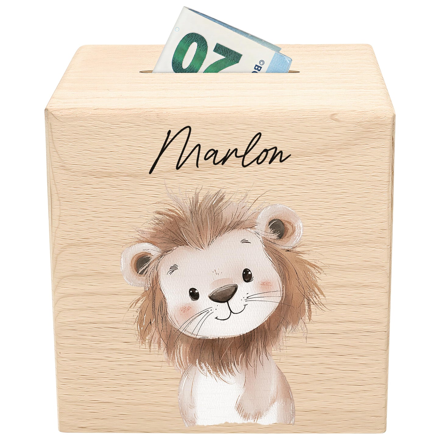 Spardose für Kinder Löwe personalisiert Safari Tiere Sparbox aus Holz Sparschwein mit Schlüssel Taufgeschenk für Jungen & Mädchen