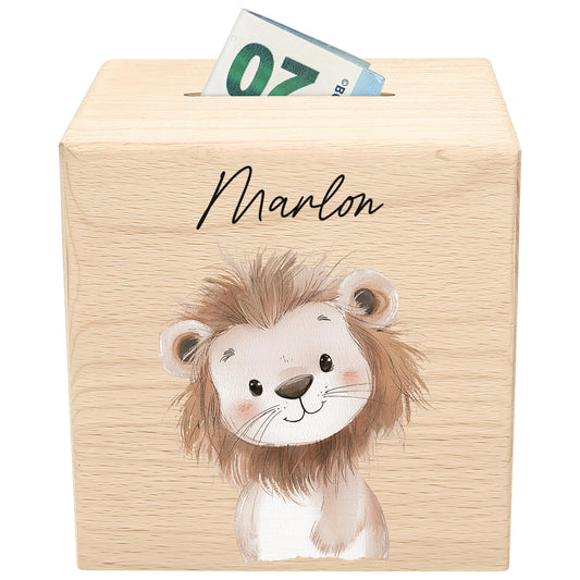 Spardose für Kinder Löwe personalisiert Safari Tiere Sparbox aus Holz Sparschwein mit Schlüssel Taufgeschenk für Jungen & Mädchen