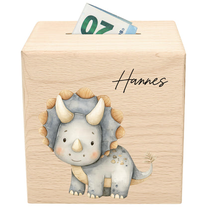 Spardose Dino für Jungen personalisierte Sparbox aus Holz Sparschwein für Kinder V8
