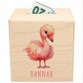 Flamingo Spardose für Kinder personalisiert Sparbox aus Holz Sparschwein mit Schlüssel Taufgeschenk für Jungen und Mädchen