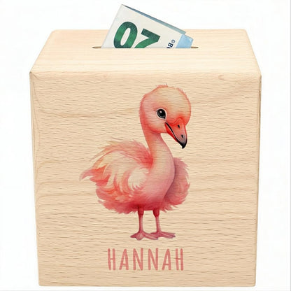 Flamingo Spardose für Kinder personalisiert Sparbox aus Holz Sparschwein mit Schlüssel Taufgeschenk für Jungen und Mädchen
