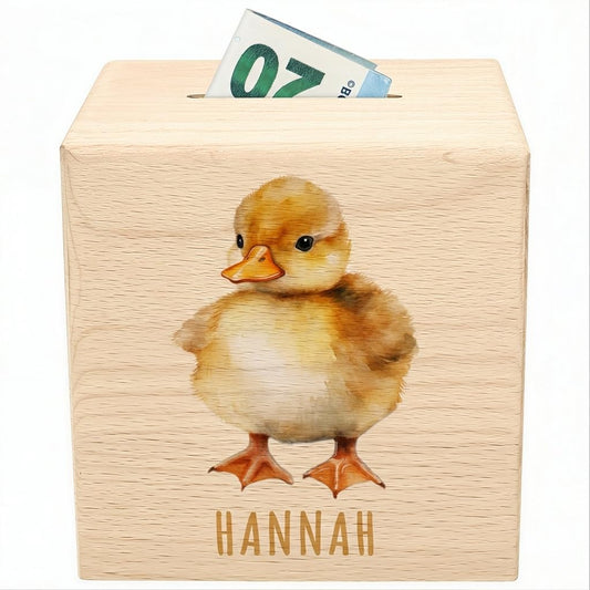 Ente Spardose für Kinder personalisiert Sparbox aus Holz Sparschwein mit Schlüssel Taufgeschenk für Jungen und Mädchen