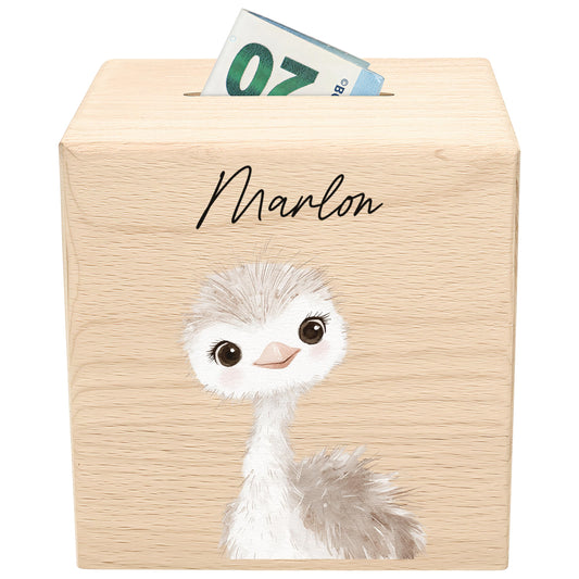 Spardose für Kinder Strauß personalisiert Safari Tiere Sparbox aus Holz Sparschwein mit Schlüssel Taufgeschenk für Jungen & Mädchen