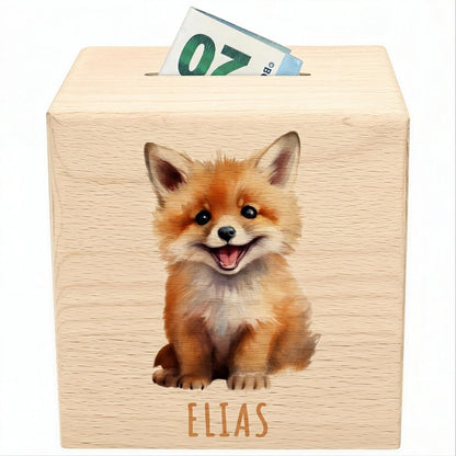 Fuchs Spardose für Kinder personalisiert Sparbox aus Holz Sparschwein mit Schlüssel Taufgeschenk für Jungen und Mädchen