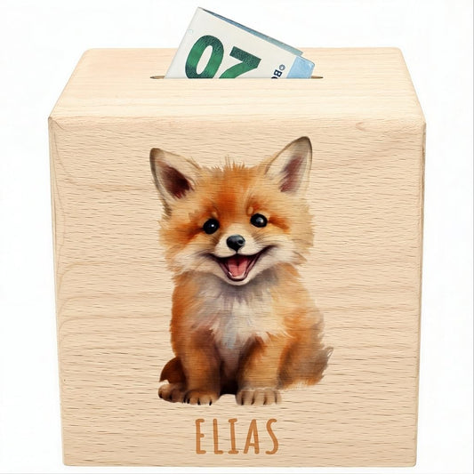 Fuchs Spardose für Kinder personalisiert Sparbox aus Holz Sparschwein mit Schlüssel Taufgeschenk für Jungen und Mädchen