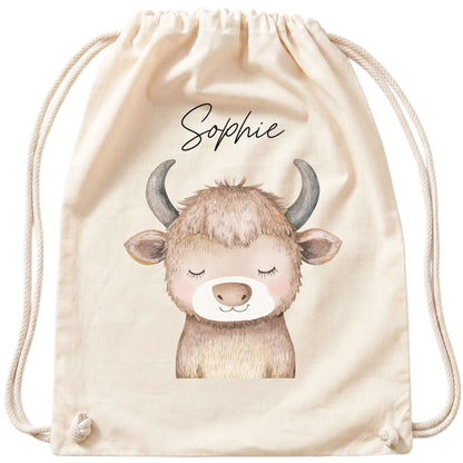 Stier Turnbeutel Kinder personalisierter Sportbeutel für Kindergarten & Kita Stoffbeutel mit Kordelzug