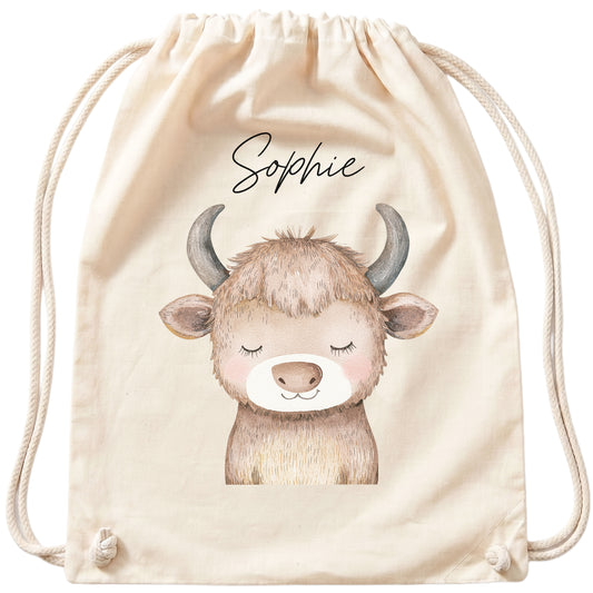 Stier Turnbeutel Kinder personalisierter Sportbeutel für Kindergarten & Kita Stoffbeutel mit Kordelzug