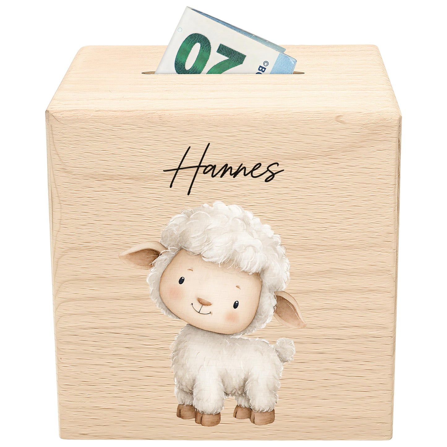 Schaf Spardose für Kinder aus Holz personalisierte Sparbox Holzspardose mit Schlüssel als Geldgeschenk