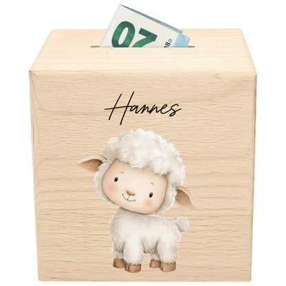 Schaf Spardose für Kinder aus Holz personalisierte Sparbox Holzspardose mit Schlüssel als Geldgeschenk