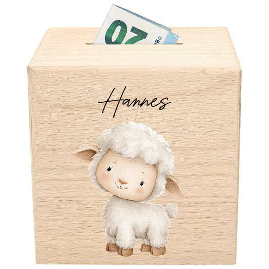 Schaf Spardose für Kinder aus Holz personalisierte Sparbox Holzspardose mit Schlüssel als Geldgeschenk