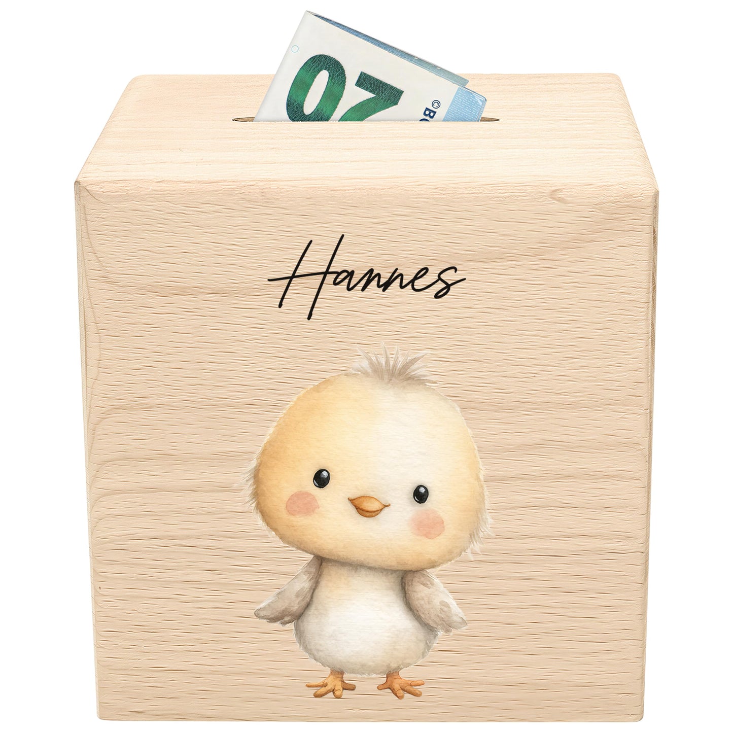Küken Spardose für Kinder aus Holz personalisierte Sparbox Holzspardose mit Schlüssel als Geldgeschenk