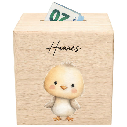 Küken Spardose für Kinder aus Holz personalisierte Sparbox Holzspardose mit Schlüssel als Geldgeschenk