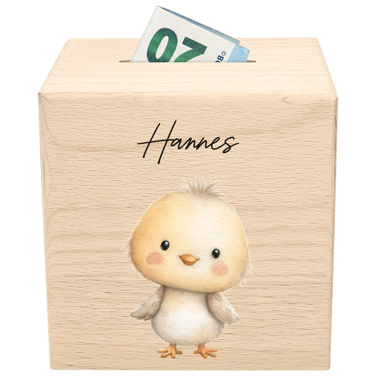 Küken Spardose für Kinder aus Holz personalisierte Sparbox Holzspardose mit Schlüssel als Geldgeschenk