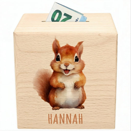 Eichhörnchen Spardose für Kinder personalisiert Sparbox aus Holz Sparschwein mit Schlüssel Taufgeschenk für Jungen und Mädchen