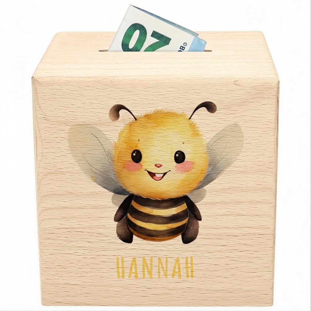 Biene Spardose für Kinder personalisiert Sparbox aus Holz Sparschwein mit Schlüssel Taufgeschenk für Jungen und Mädchen