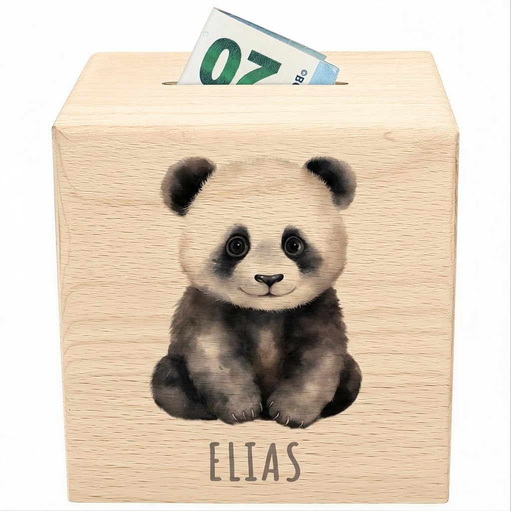 Panda Spardose für Kinder personalisiert Sparbox aus Holz Sparschwein mit Schlüssel Taufgeschenk für Jungen und Mädchen