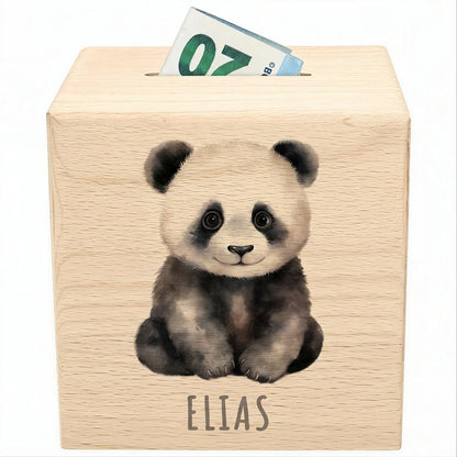 Panda Spardose für Kinder personalisiert Sparbox aus Holz Sparschwein mit Schlüssel Taufgeschenk für Jungen und Mädchen