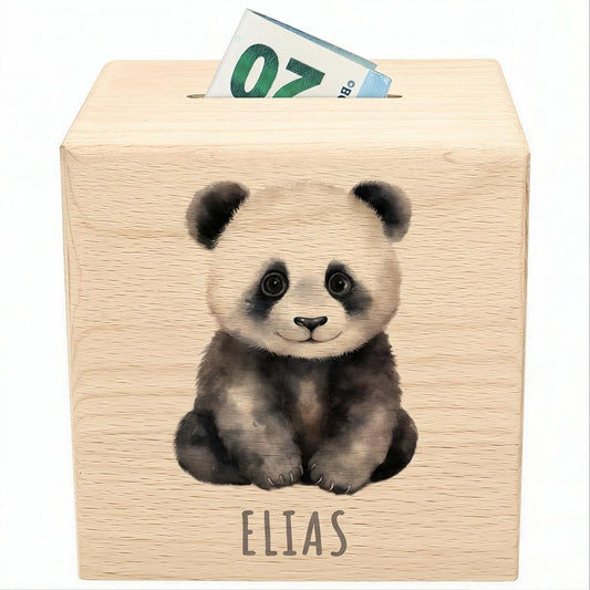 Panda Spardose für Kinder personalisiert Sparbox aus Holz Sparschwein mit Schlüssel Taufgeschenk für Jungen und Mädchen