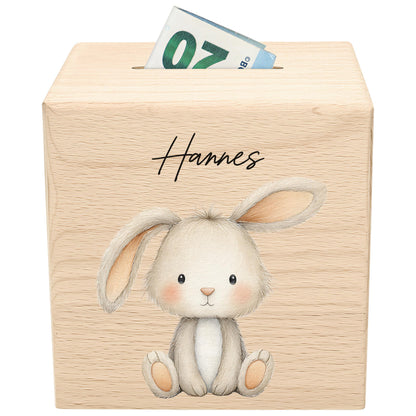 Hase Spardose für Kinder aus Holz personalisierte Sparbox Holzspardose mit Schlüssel als Geldgeschenk