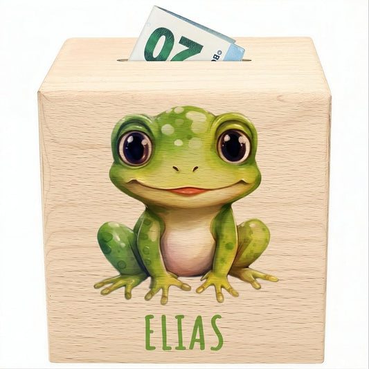 Frosch Spardose für Kinder personalisiert Sparbox aus Holz Sparschwein mit Schlüssel Taufgeschenk für Jungen und Mädchen
