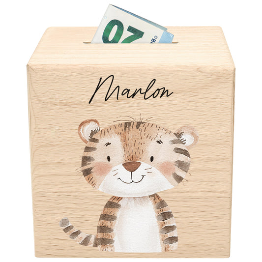 Spardose für Kinder Tiger personalisiert Safari Tiere Sparbox aus Holz Sparschwein mit Schlüssel Taufgeschenk für Jungen & Mädchen