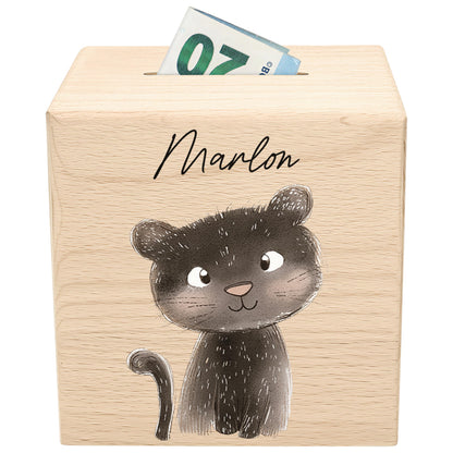 Spardose für Kinder Panter personalisiert Safari Tiere Sparbox aus Holz Sparschwein mit Schlüssel Taufgeschenk für Jungen & Mädchen