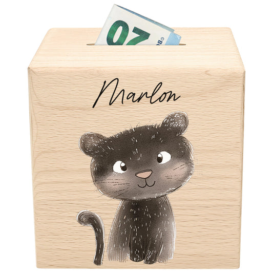 Spardose für Kinder Panter personalisiert Safari Tiere Sparbox aus Holz Sparschwein mit Schlüssel Taufgeschenk für Jungen & Mädchen