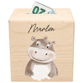 Spardose für Kinder Nilpferd personalisiert Safari Tiere Sparbox aus Holz Sparschwein mit Schlüssel Taufgeschenk für Jungen & Mädchen