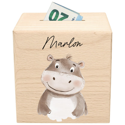 Spardose für Kinder Nilpferd personalisiert Safari Tiere Sparbox aus Holz Sparschwein mit Schlüssel Taufgeschenk für Jungen & Mädchen